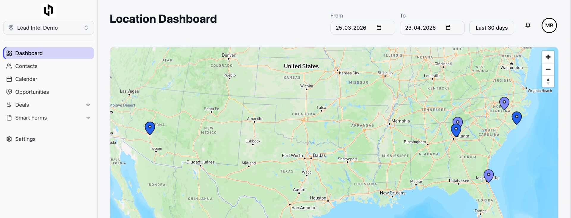 Lead Intel dashboard with US prospect map